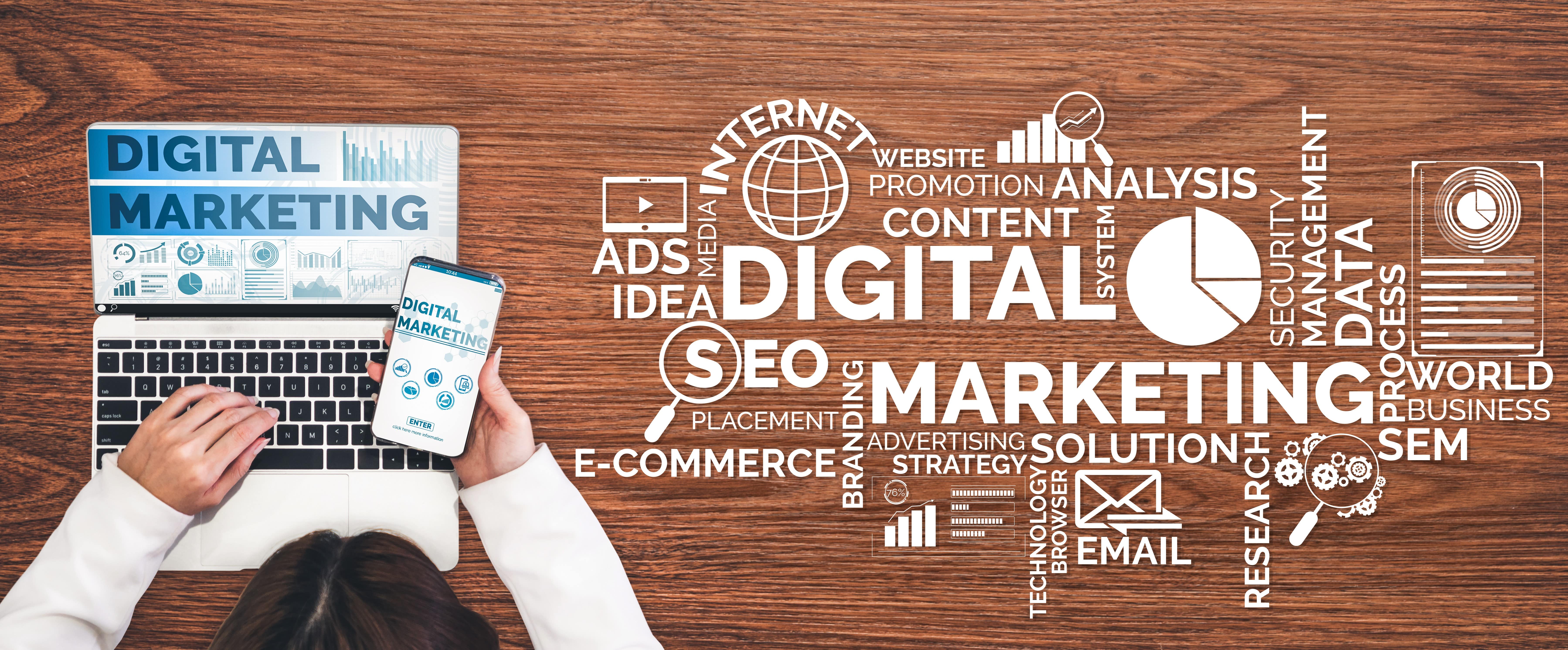 A compilation of words that surround the words Digital Marketing. The smaller words are: ads, idea, website, promotion, internet, security management, solution