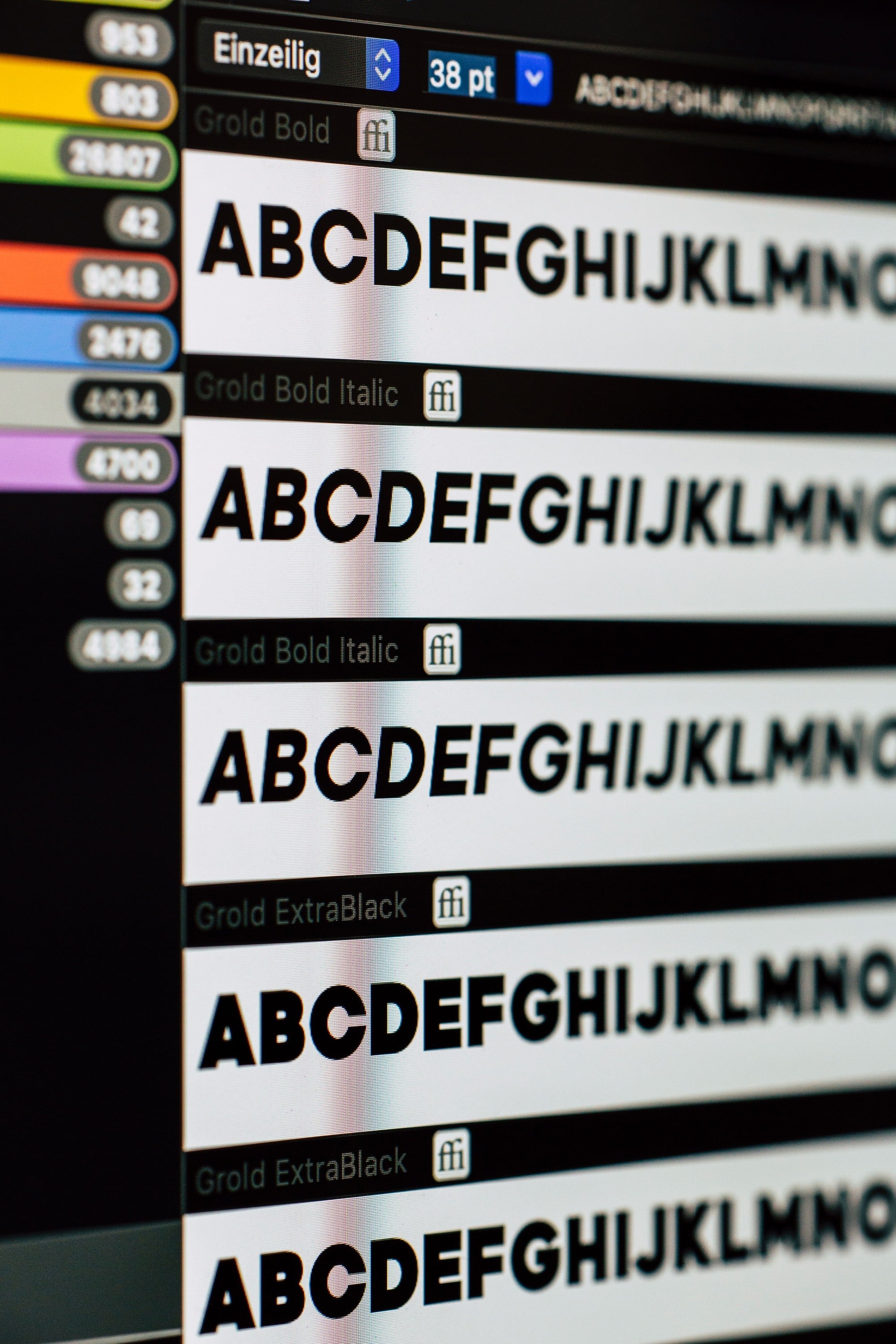 Close-up of a screen showing rows of the alphabet in different font syles