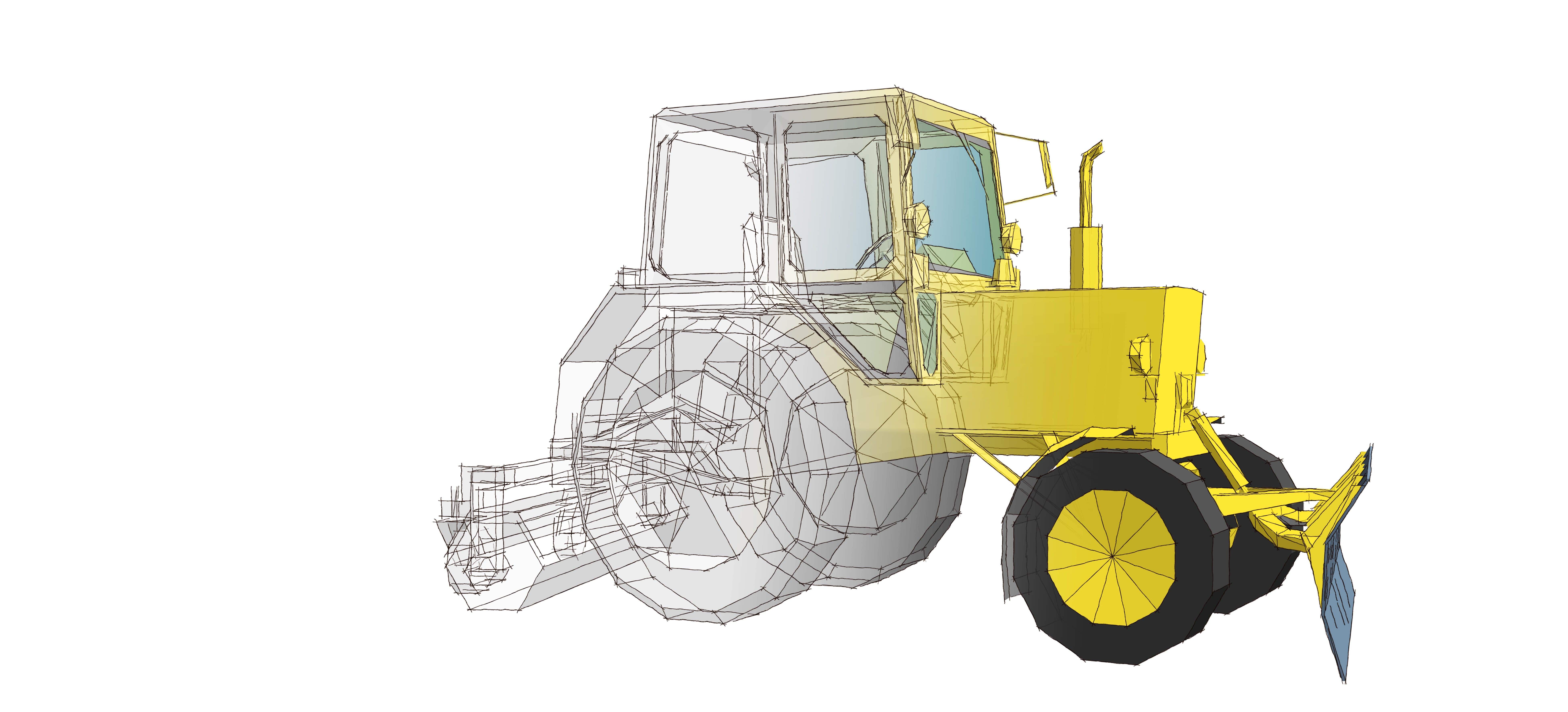 Black and white sketch of a large tractor that fades into a colorized sketch