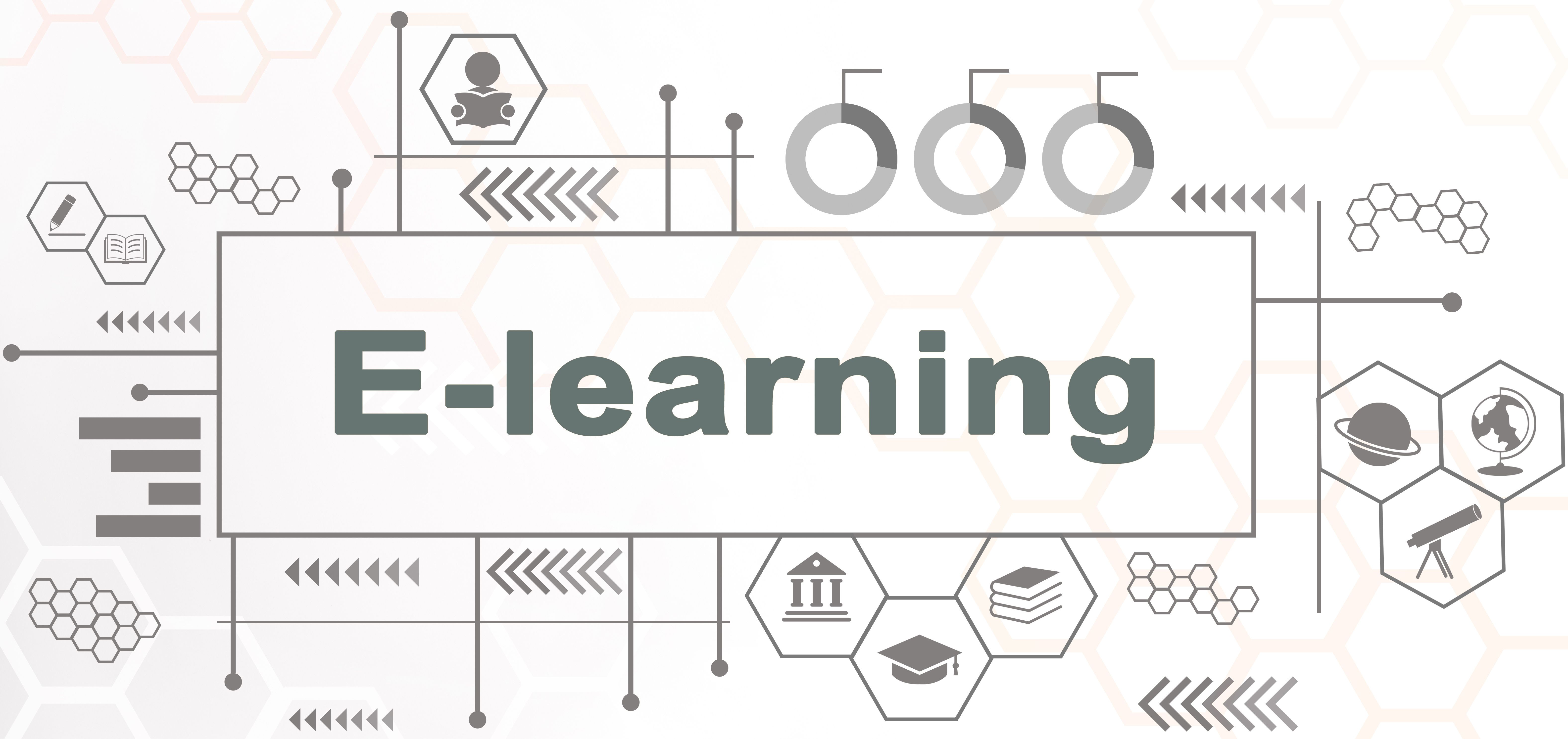 The word "e-Learning" is surrounded by various icons and images, including pencils, books, buildings, a globe, a telescope, a person reading, and a planet.